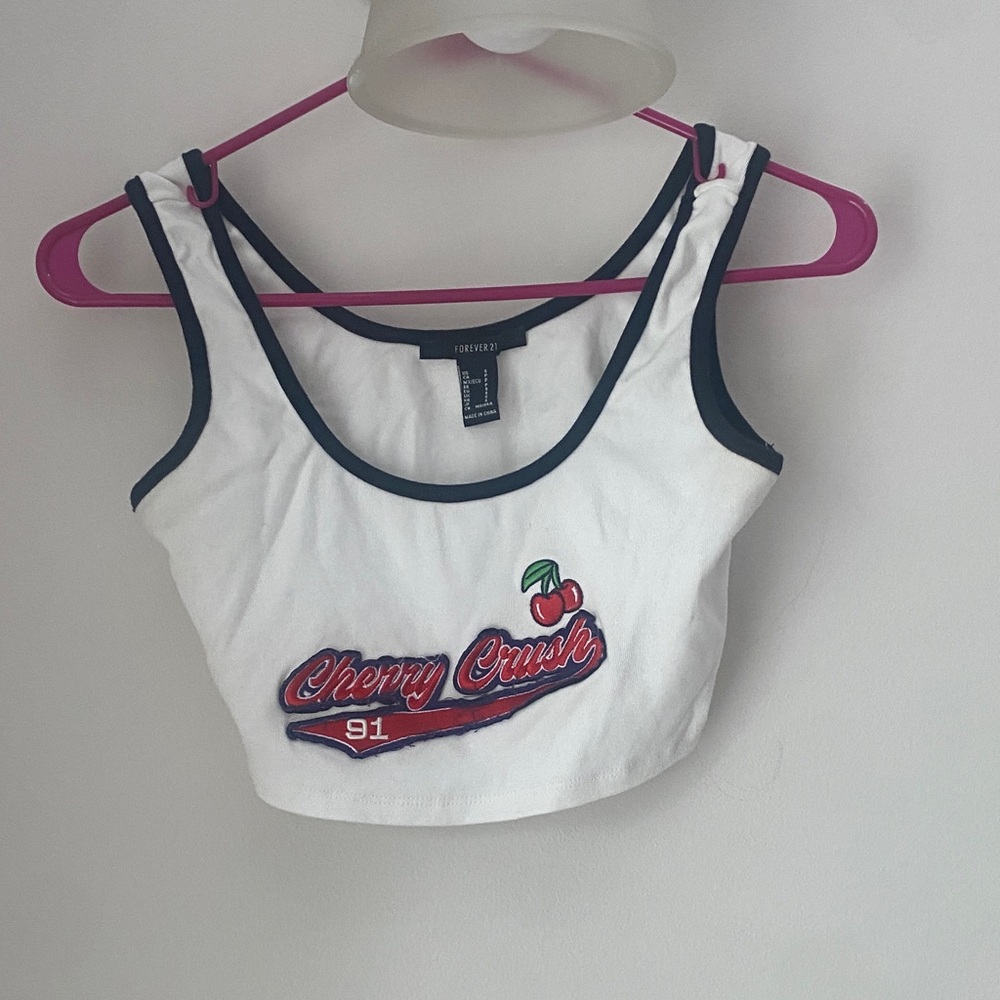 Forever 21 White Cherry Graphic Crop Top